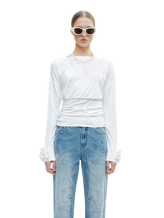 YES BY YESIR | Textured Petal Detailing 3D Floral Sleeve T-Shirt -CYRELLA.