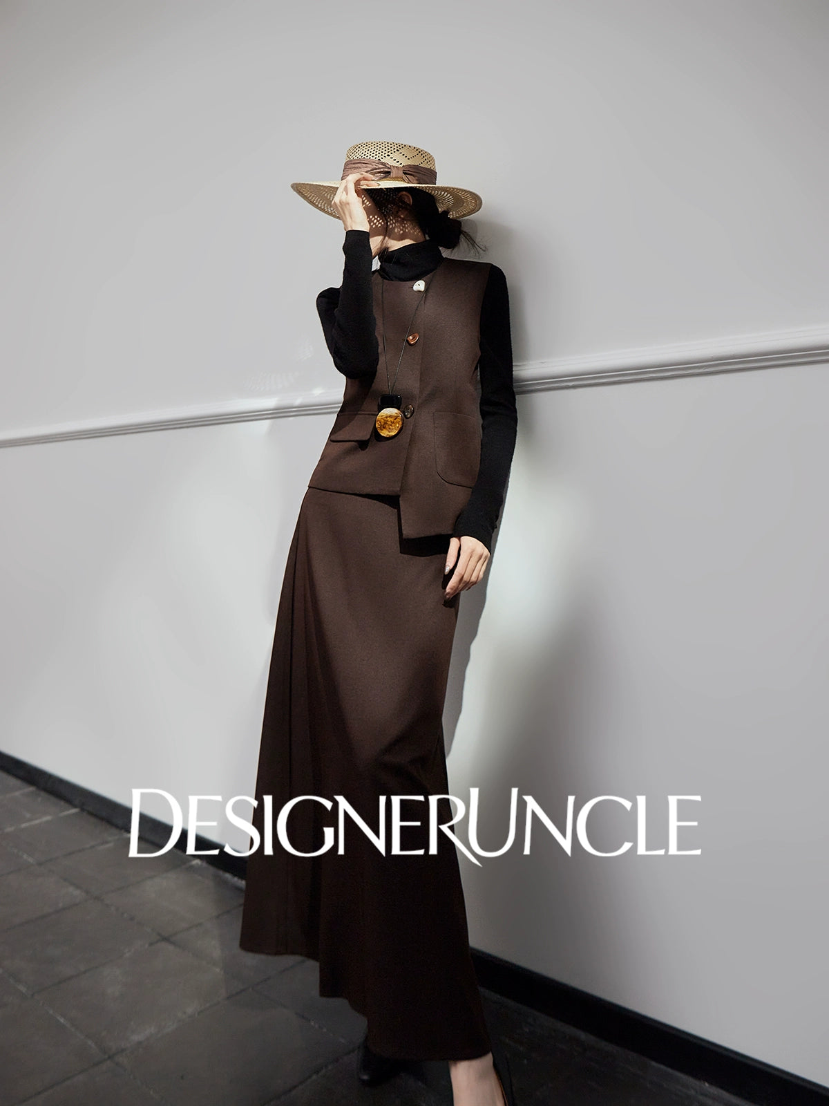 DGU |Coffee color asymmetrical design niche light luxury vest skirt two-piece set - Stephan.