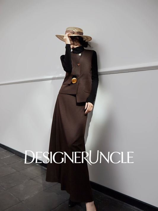 DGU |Coffee color asymmetrical design niche light luxury vest skirt two-piece set - Stephan.
