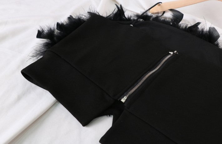 DOLLY Elegant Black Sleeveless Feather Off Shoulder Long Sleeve Party Dress-CHRIS