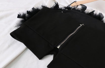 DOLLY Elegant Black Sleeveless Feather Off Shoulder Long Sleeve Party Dress-CHRIS