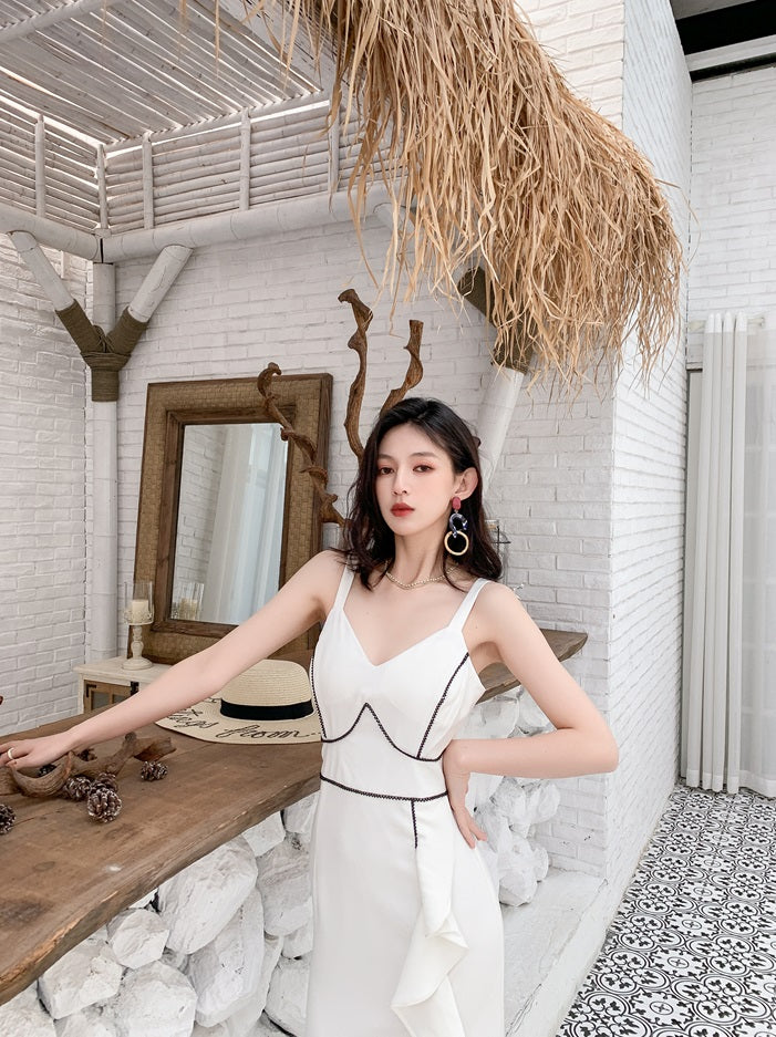 DOLLY Elegant White/Black V-Neck Sleeveless High Waist Long Ruffle Dinner Dress-MIA