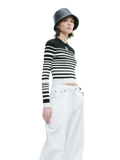YES BY YESIR  black and white striped short woolen knit top - PROJECT.