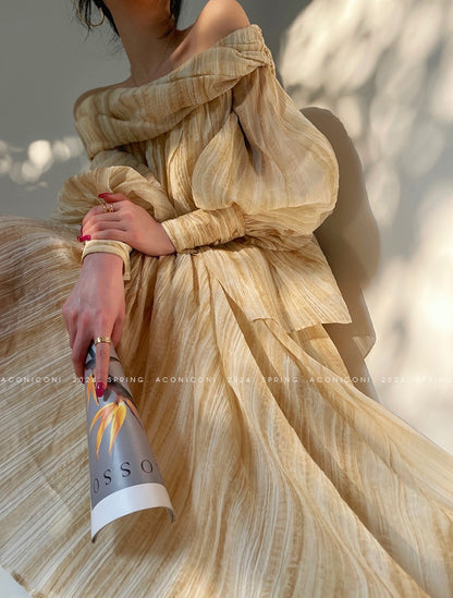 Aconiconi Elegant Wave Pattern Long Sleeve Loose Wedding Guest Dress- Dune