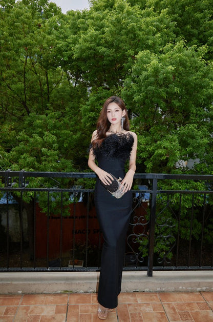 DOLLY Elegant Black Off Shoulder Feather Tube Top Long Slim Fit Dinner Dress-LILIAN