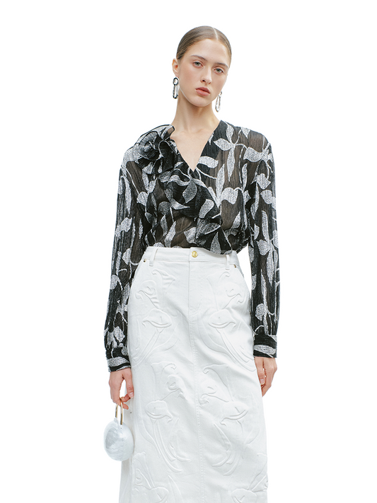 YES BY YESIR | Asymmetrical Ruffle Long Sleeve Shirt - SELVARA.