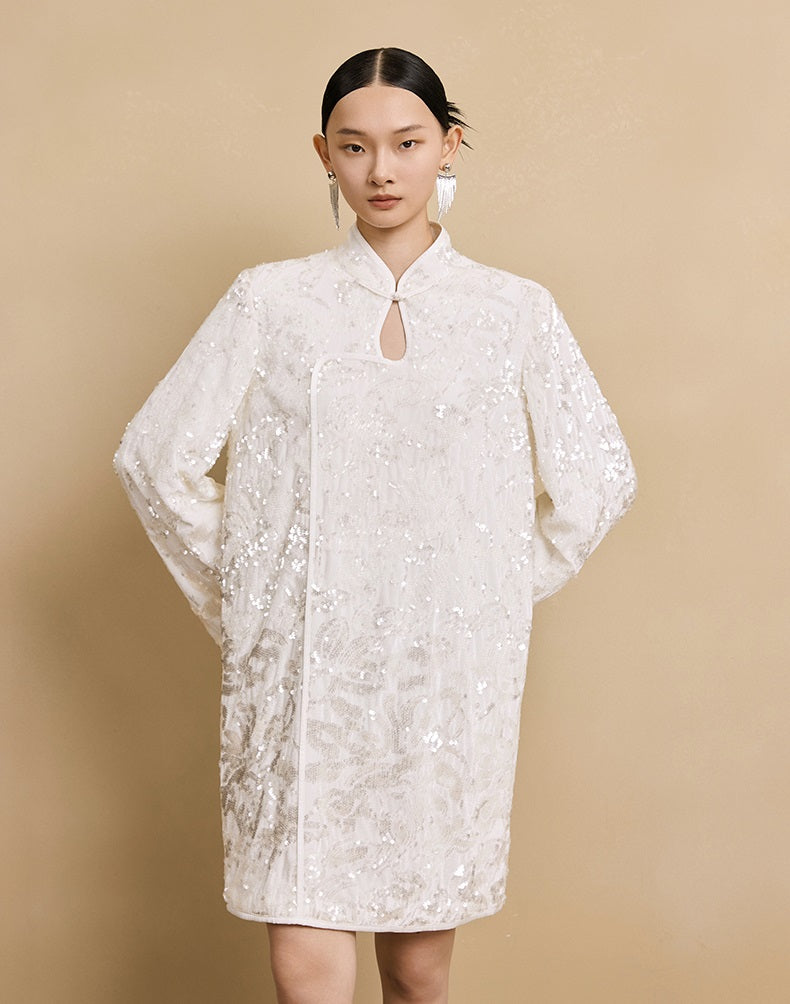 HECO floral sequins embroidery long sleeve short DRESS  - CUTE.