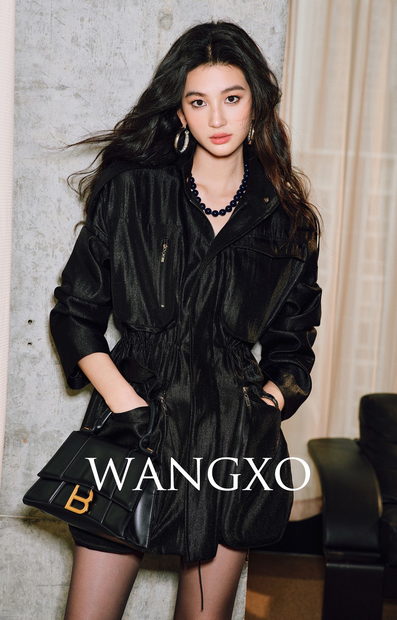 WANGXO | High-End Luxury Silk Brocade Luster Stand-Up Collar Waist 3D Pocket Jackets-VERA