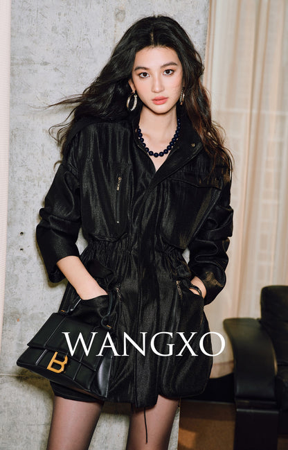 WANGXO | High-End Luxury Silk Brocade Luster Stand-Up Collar Waist 3D Pocket Jackets-VERA