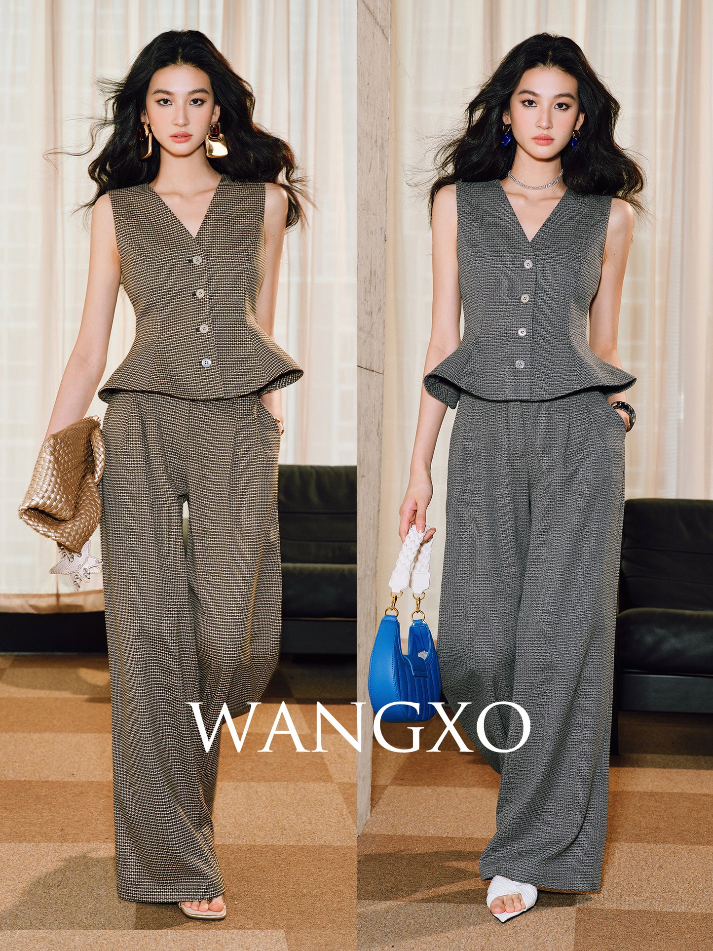 WANGXO | V-Neck Waist Ruffle Swing Sleeveless Vest Suit-ZORA.