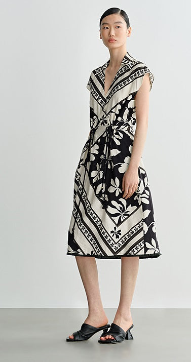 COMME MOI Lv Yan designer's new summer women's print shirred tassel waist dress - GOLDIE.