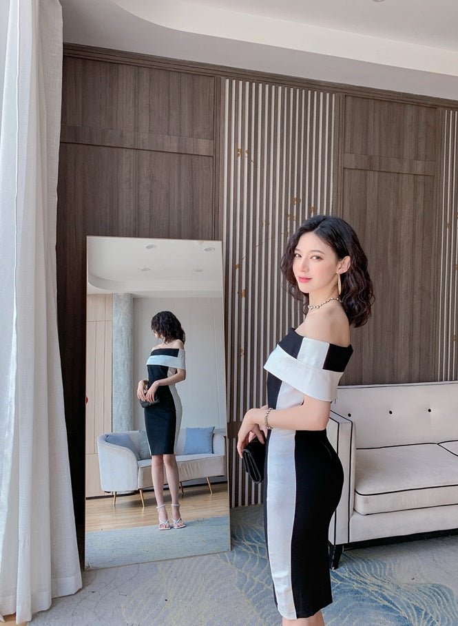 DOLLY Elegant Black and White Off Shoulder Short Sleeve Long Bandage Dress-MAZE