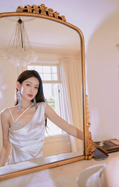 DOLLY Elegant Blue French Style Satin Sleeveless Pleated Hip Long Slit Dinner Dress-AVA