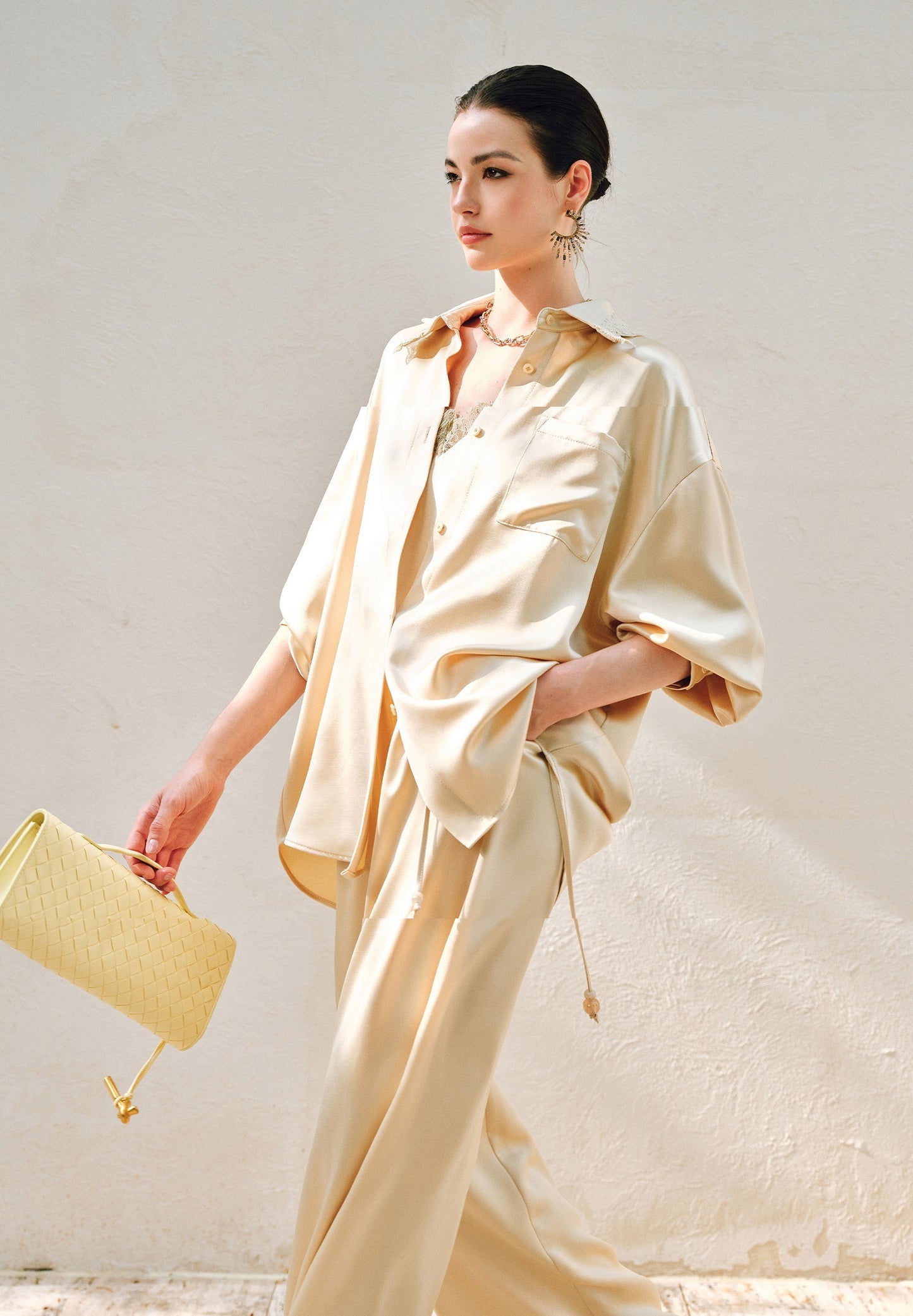 WANGXO | Hemp-Textured Acetate Satin  ight Luxury Lace Suspender, Shirt & Trousers Three-Piece Set- SARI
