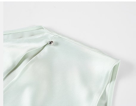 COMME MOI Oblique Shoulder Cutout Acetate Cap Sleeve Green Shirt - SUN.