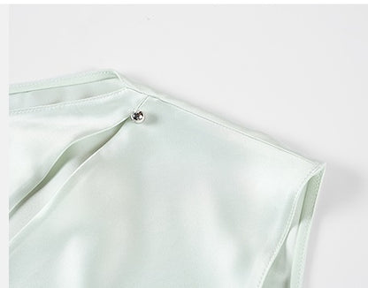 COMME MOI Oblique Shoulder Cutout Acetate Cap Sleeve Green Shirt - SUN.