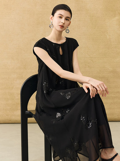 HECO Chinese Style Water Drop Neck Shoulder Embroidered Dress - SWEAT.
