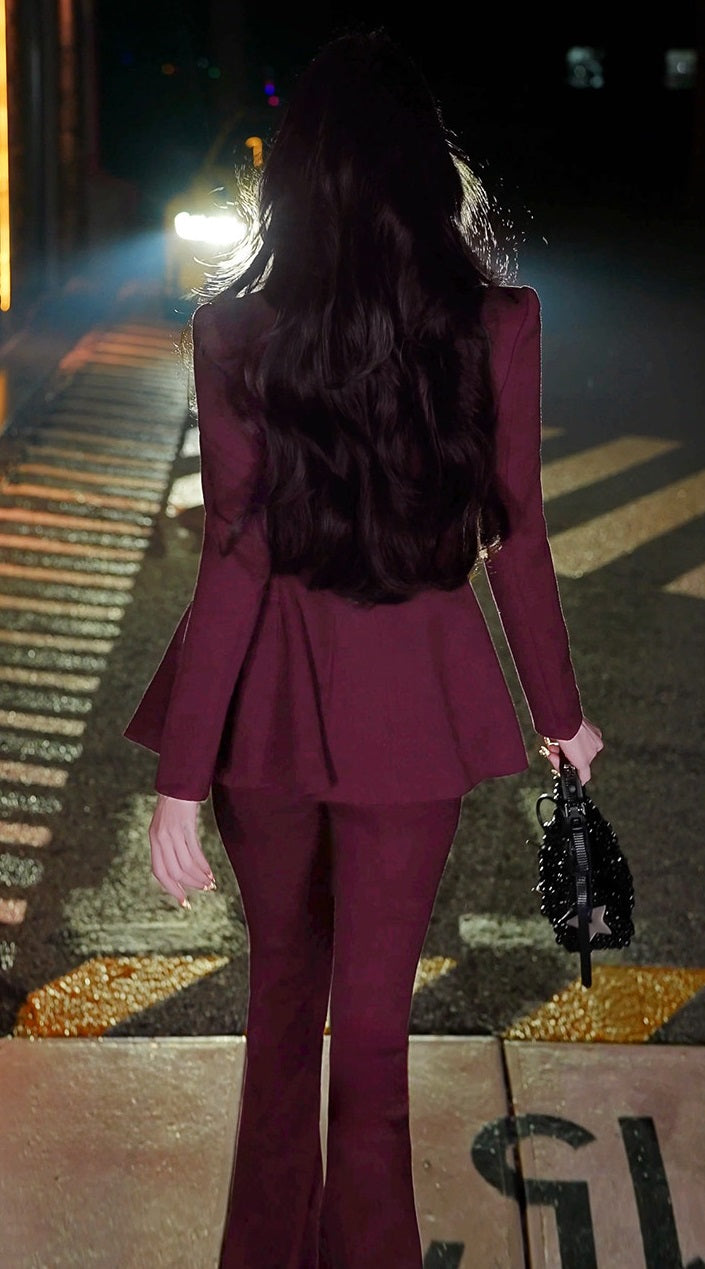 VJE  Burgundy Spliced Small Pants Two-Piece Set  Suit-HANS.