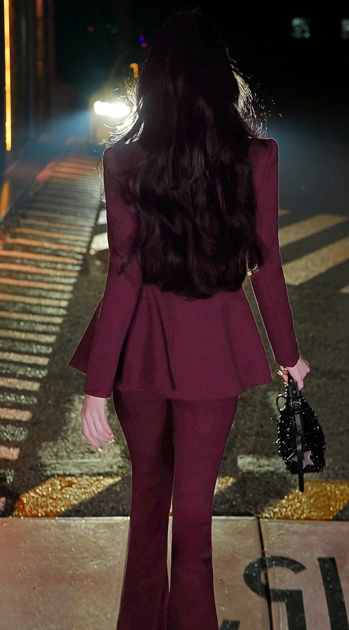 VJE  Burgundy Spliced Small Pants Two-Piece Set  Suit - HANS?