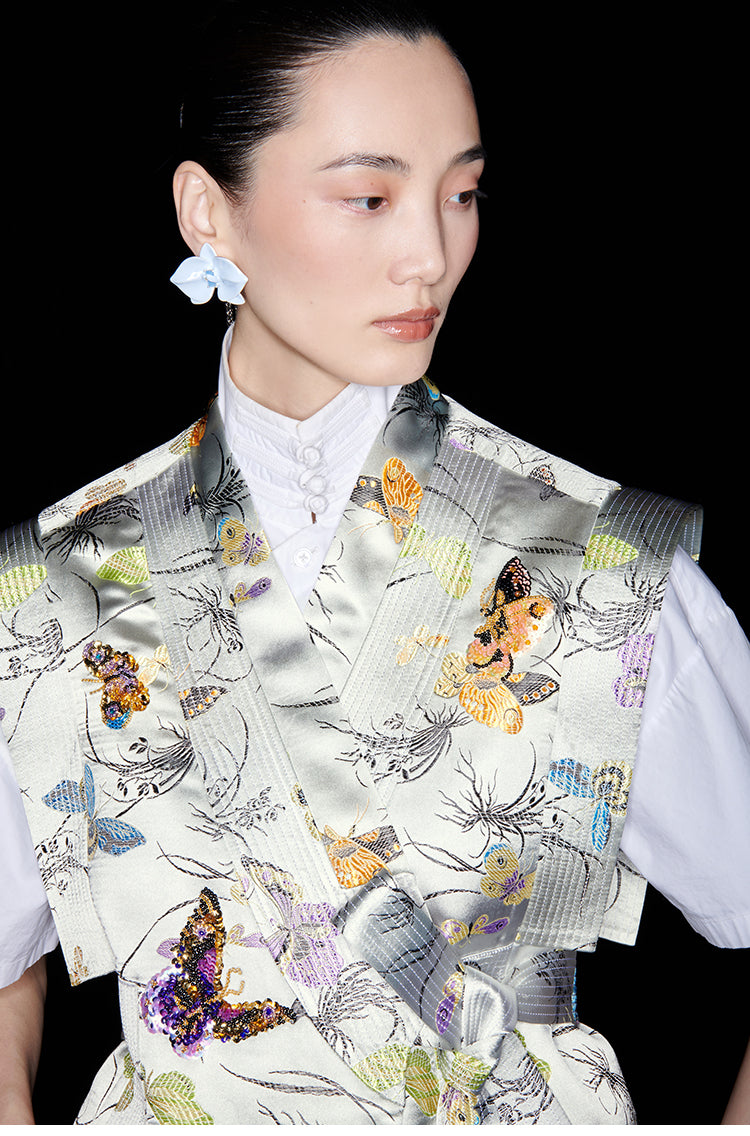 M essential Mackay designer butterfly beaded quilted cottonskirt vest shirt set - toes.