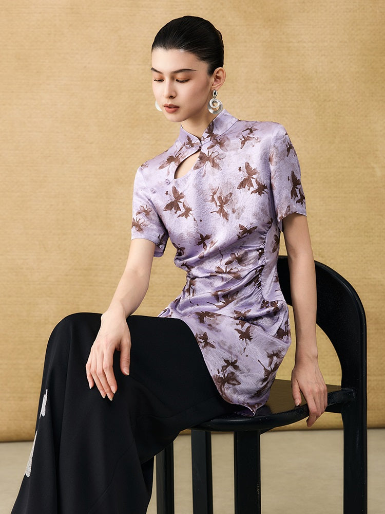 HECO Chinese Style Stand Collar Cut-out Pleated Short Cheongsam Dress - BIRD.