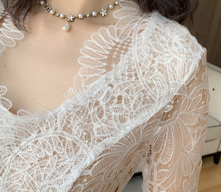 DOLLY Elegant White V-Neck Long Sleeve High Waist Peplum Short Date Dress-LOUIS