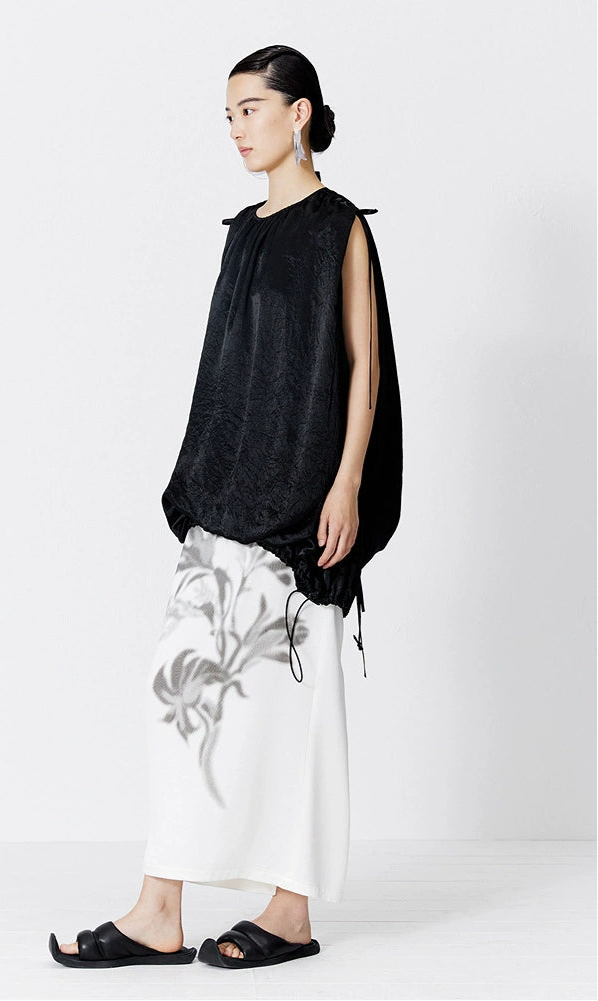 ZHUCHONGYUN Black Fiber Satin Adjustable Lace-up Loose Top--UNAKA.