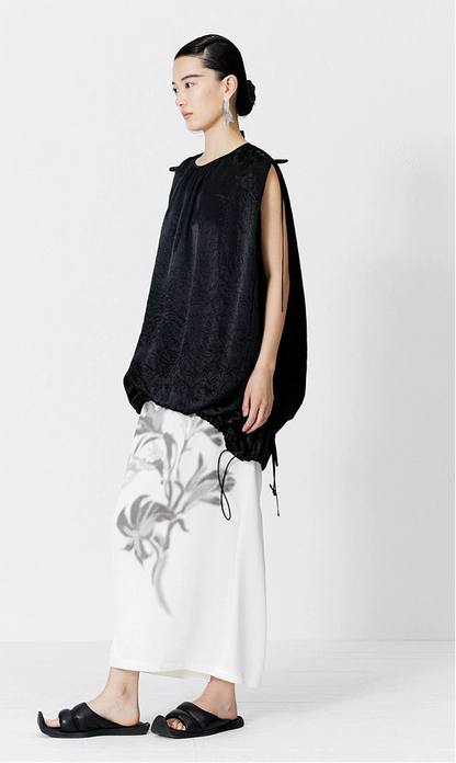 ZHUCHONGYUN Black Fiber Satin Adjustable Lace-up Loose Top--UNAKA.