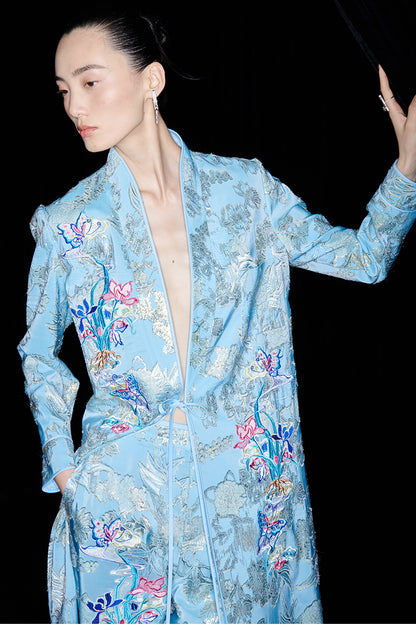 M essential Mackay designer blue butterfly embroidery robe dress pants set - break.