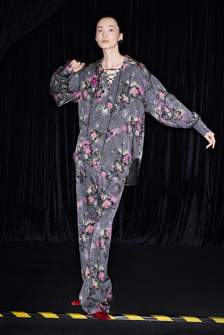 M essential Mackay designer cherry blossom print beads scissor neck loose top - NOCTAINE.