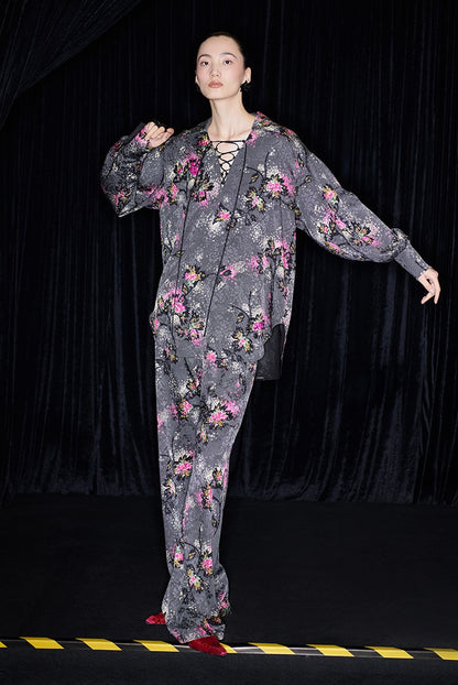 M essential Mackay designer cherry blossom print beads scissor neck loose top - NOCTAINE.