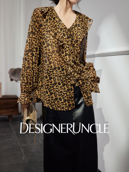 DGU |Leopard print light luxury niche loose retro V-neck design long-sleeved top - GLORY.