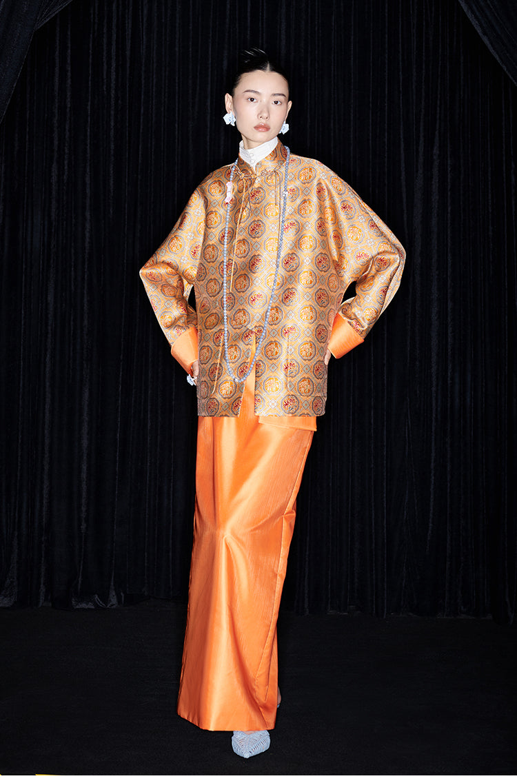 M essential Mackay designer halo stand-up collar jacket orange skirt suit  - Guaida.