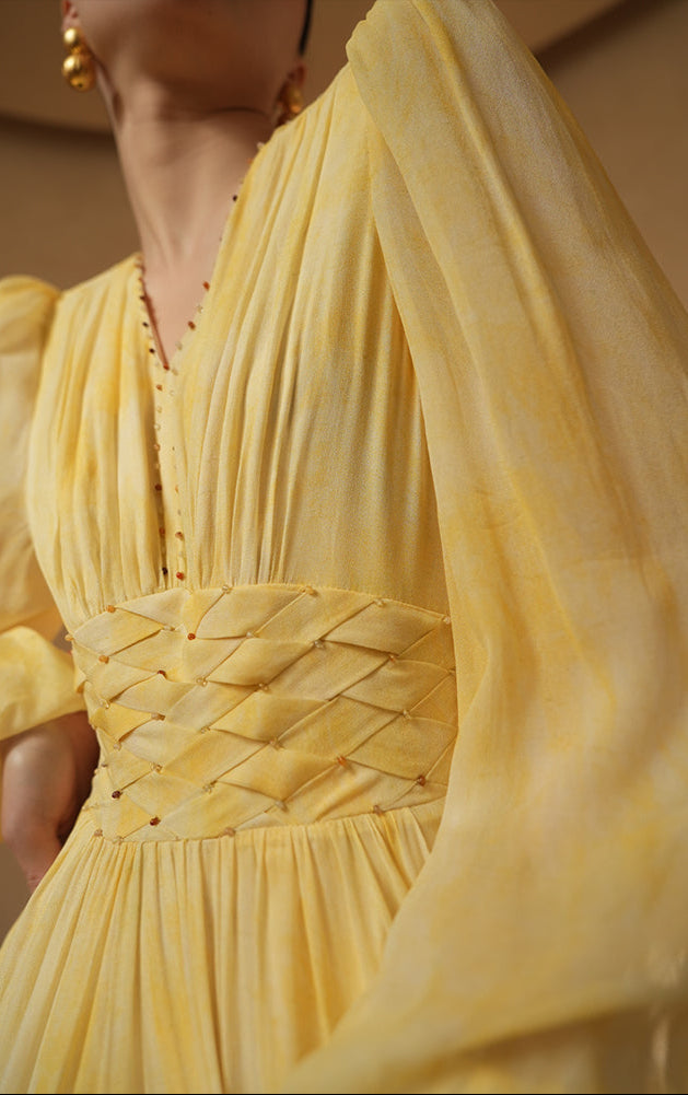 LE VENT&TES AILES 100% Silk French Haute Smudge V-Neck midi yellow Dress - FAYE