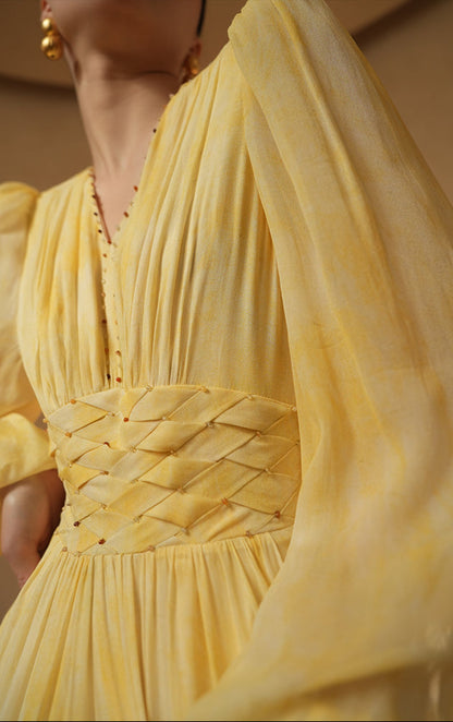 LE VENT&TES AILES 100% Silk French Haute Smudge V-Neck midi yellow Dress - FAYE