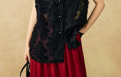 HECO Chinese Style Stand-up Collar Cut Flower Sleeveless Shirt - HELD .