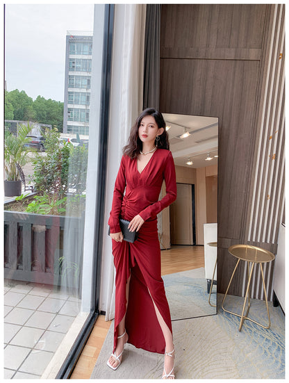 DOLLY Retro Style V-Neck Long Sleeve Pleated Waist Long Slit Dinner Dress-NEYO