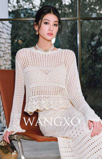WANGXO | Handmade Beading Flared Sleeve Top & Fishtail Skirt Set -RAWLING.