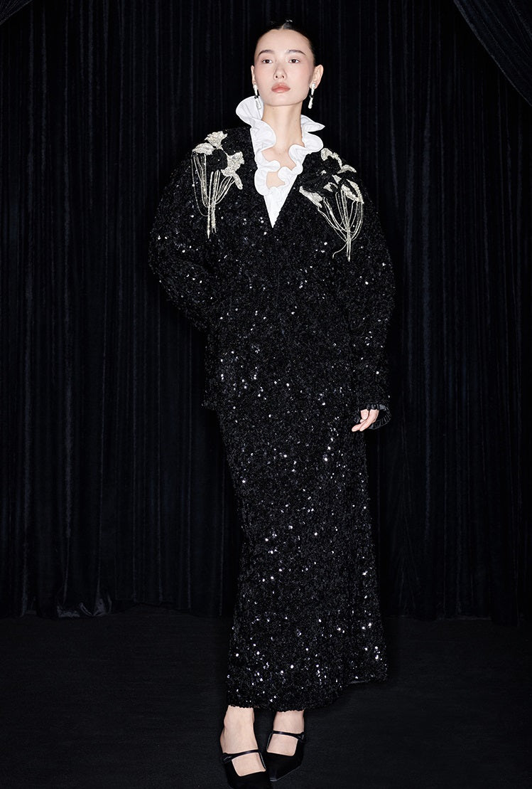 M essential Mackay designer three-dimensional silver orchid catenary beaded jacket - tems.