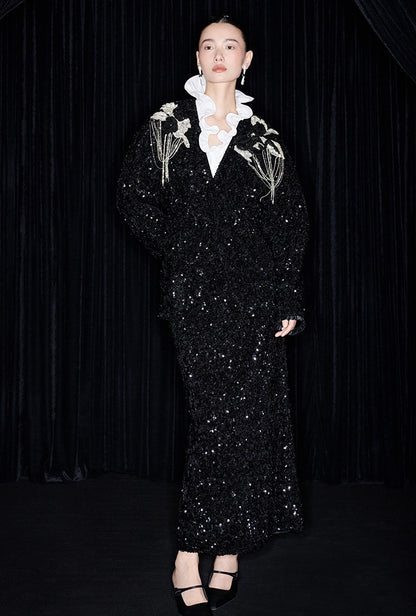 M essential Mackay designer three-dimensional silver orchid catenary beaded jacket - tems.