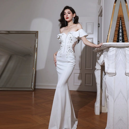 DOLLY White Luxury Off Shoulder Ruffle Sleeve Embroidered Slim Fit Cocktail Dress-FINA