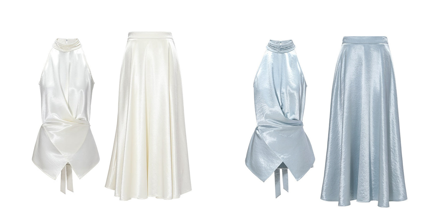 WANGXO | Pearl Lustrous Luxury Gilt Satin  Halterneck Folded Waist Top & High-Waisted Umbrella Skirt Set - ARIA