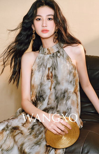 WANGXO | Satin Jacquard Beaded Tassel Halterneck Dress -LUMI.