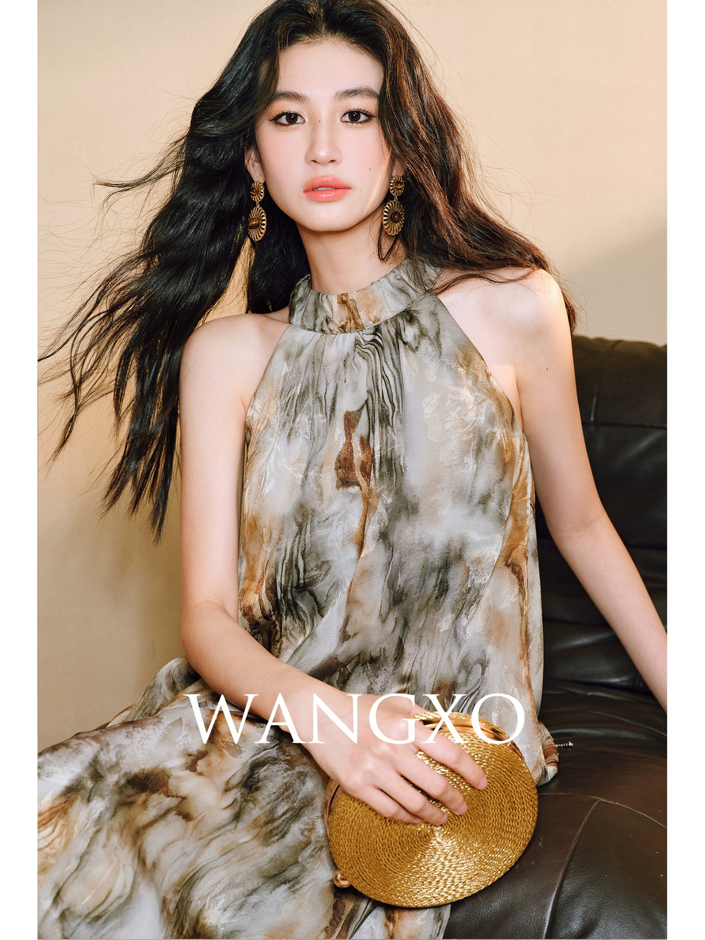 WANGXO | Oil Painting-Inspired Satin Jacquard  Beaded Tassel French-Italian Romantic Shaved Shoulder Halterneck Dress -LUMI