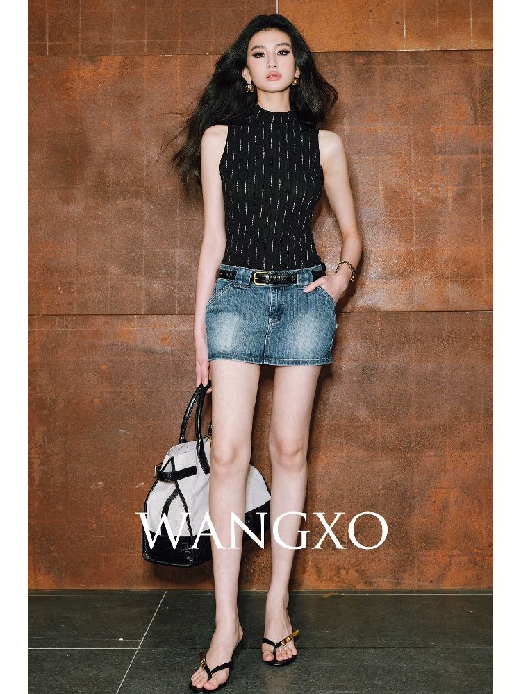 WANGXO| Micro-Elastic High-End Long-Staple Cotton Double Wash High-Waisted A-Line Short Denim Culottes - Clara