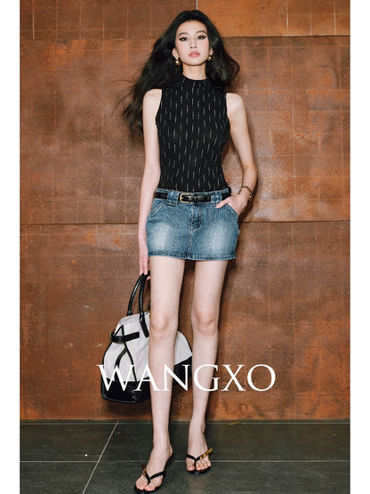 WANGXO| Micro-Elastic High-End Long-Staple Cotton Double Wash High-Waisted A-Line Short Denim Culottes - Clara