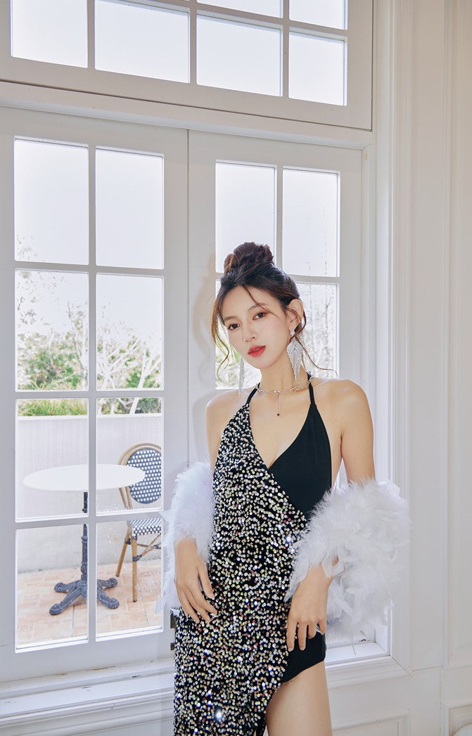 DOLLY Luxury Black Sleeveless Sequin Halter Neck Irregular Hem Sexy Cocktail Dress-ANASTASIA