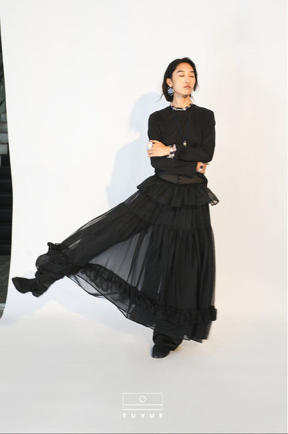 TUYUE Black and White Tulle Long Elegant Ruffled Skirt - TAN.