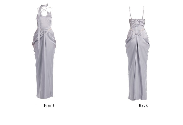 TINY IN satin irregular slip sleeveless hip pleated long dress -KING