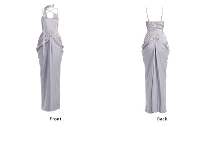 TINY IN satin irregular slip sleeveless hip pleated long dress -KING